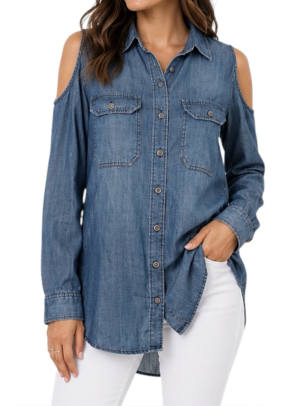 AQUA XS Chambray Tencel Cold Shoulder Button Down Tunic Shirt Blue Oversized